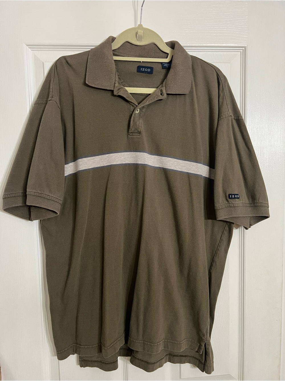 Vintage Izod Short Sleeve Polo Shirt Mens Large Olive Green Cream Stripe